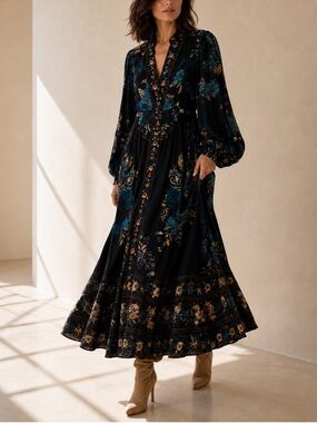 CAROLINE CONSTAS BLOSSOM TAPESTRY MIDI/MAXI DRESS Long Sleeves Large L (Farm Rio